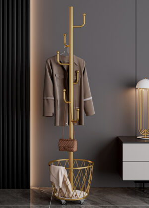 Portable single-pole coat rack with 6 hooks and storage basket; floor-standing coat rack for bedroom and hallway; casters for easy movement; modern minimalist design.