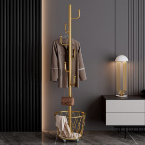 Portable single-pole coat rack with 6 hooks and storage basket; floor-standing coat rack for bedroom and hallway; casters for easy movement; modern minimalist design.