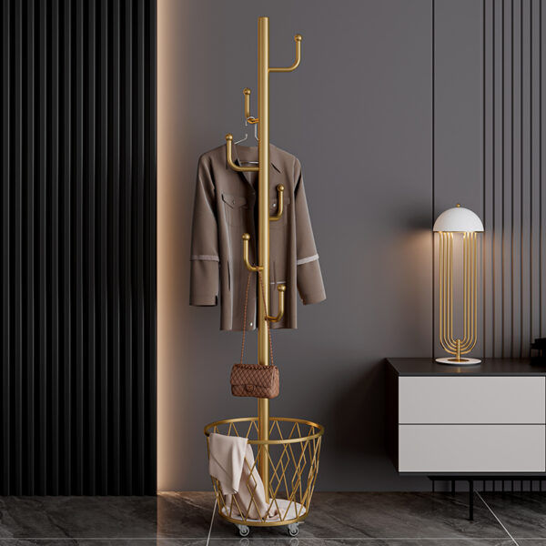 Portable single-pole coat rack with 6 hooks and storage basket; floor-standing coat rack for bedroom and hallway; casters for easy movement; modern minimalist design.
