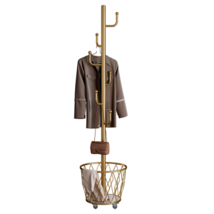 Portable single-pole coat rack with 6 hooks and storage basket; floor-standing coat rack for bedroom and hallway; casters for easy movement; modern minimalist design.