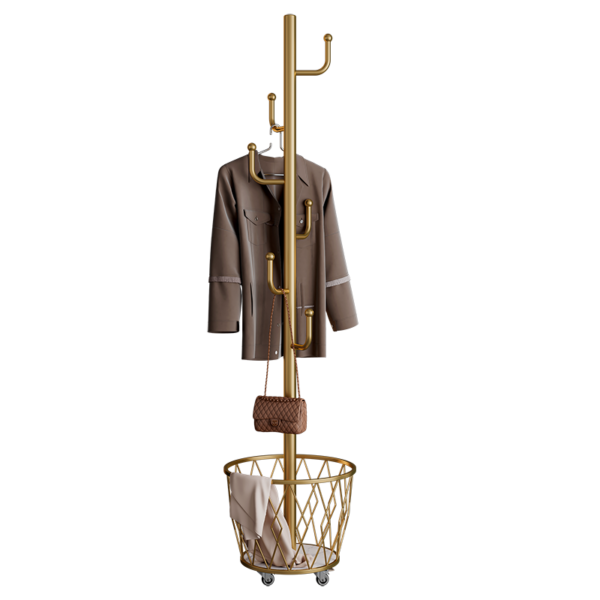 Portable single-pole coat rack with 6 hooks and storage basket; floor-standing coat rack for bedroom and hallway; casters for easy movement; modern minimalist design.