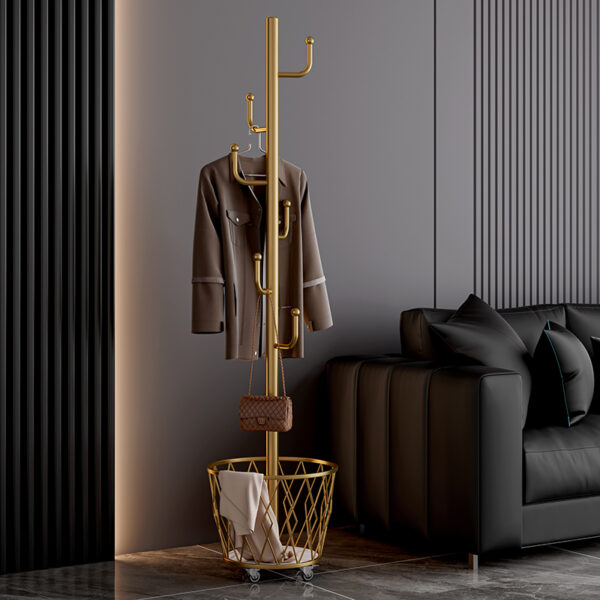 Portable single-pole coat rack with 6 hooks and storage basket; floor-standing coat rack for bedroom and hallway; casters for easy movement; modern minimalist design.