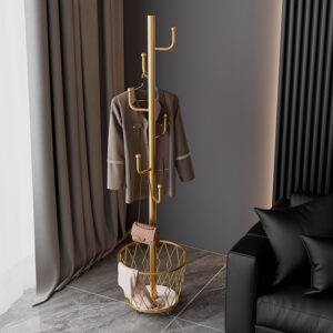Portable single-pole coat rack with 6 hooks and storage basket; floor-standing coat rack for bedroom and hallway; casters for easy movement; modern minimalist design.