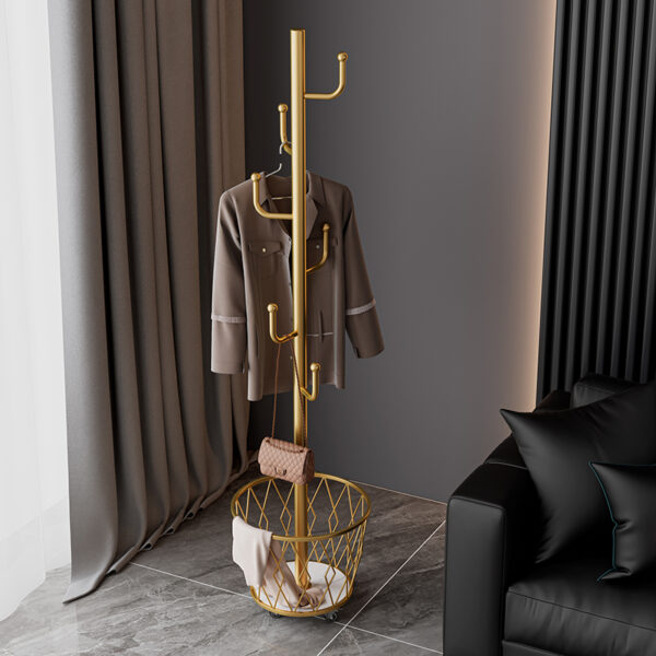 Portable single-pole coat rack with 6 hooks and storage basket; floor-standing coat rack for bedroom and hallway; casters for easy movement; modern minimalist design.