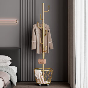 Portable single-pole coat rack with 6 hooks and storage basket; floor-standing coat rack for bedroom and hallway; casters for easy movement; modern minimalist design.