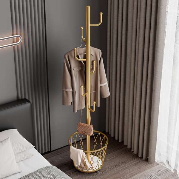 Portable single-pole coat rack with 6 hooks and storage basket; floor-standing coat rack for bedroom and hallway; casters for easy movement; modern minimalist design.