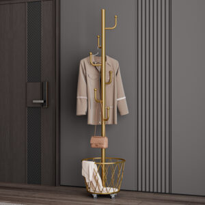 Portable single-pole coat rack with 6 hooks and storage basket; floor-standing coat rack for bedroom and hallway; casters for easy movement; modern minimalist design.