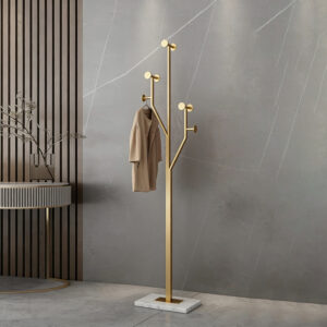 Portable single-pole coat rack with 6 hooks and storage basket; floor-standing coat rack for bedroom and hallway; casters for easy movement; modern minimalist design.